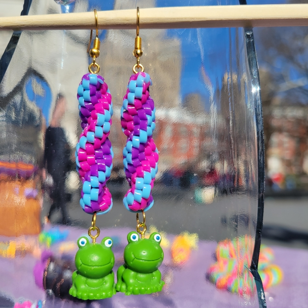 Purple Blue Pink w Mini Frog Charms - Handmade Lanyard / Scoobidou Earrings